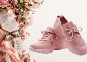 “Stylish pink sneakers with cushioned soles and floral fashion decor”