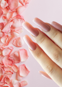 Close-up of a hand with natural pink manicured nails surrounded by soft pink rose petals