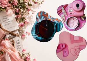 “Pink lifestyle essentials collage featuring a stylish watch, instant camera, jewelry, shoes, and accessories”