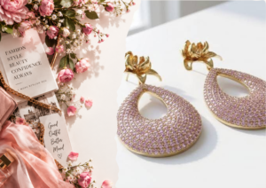 “Elegant pink and gold crystal floral drop earrings with sparkling rhinestone details”