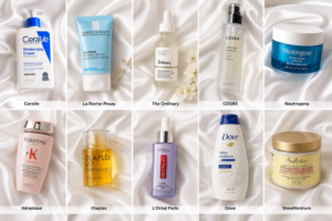 Skincare and hair care products from CeraVe, La Roche-Posay, The Ordinary, COSRX, Neutrogena, Kérastase, Olaplex, L’Oréal Paris, Dove, and SheaMoisture arranged on white silk