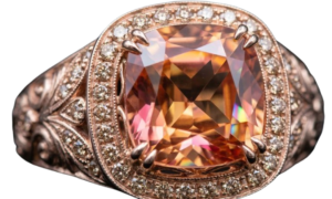 Elegant rose gold gemstone ring with a cushion-cut pink center stone and diamond halo
