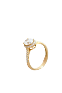 Elegant gold engagement ring with a round-cut diamond and delicate diamond accents