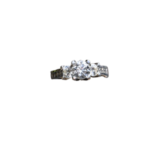Elegant three-stone diamond engagement ring with a round center diamond