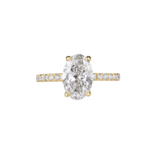 Oval-cut diamond engagement ring with a sparkling diamond band and gold setting